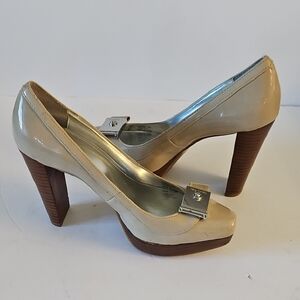 Calvin Klein Cream Patent Leather Heels with Peep-Toe